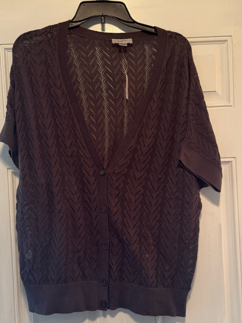 LOFT Short Sleeve Open-Knit V-Neck Cardigan - Dark Brown